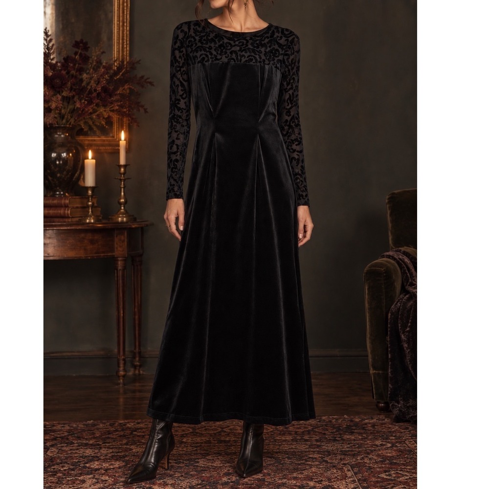 Diane Von Furstenberg DVF Velvet Maxi Dress sz S Black Elegant Holiday Burnout